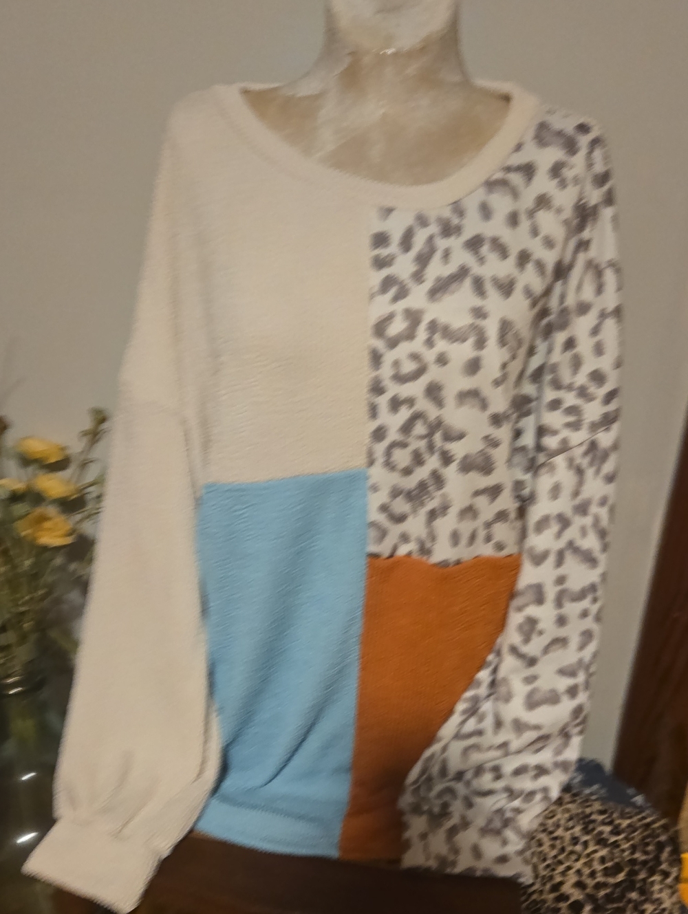 Colorblock Cozy Top - Cream, Turquoise & Brown Size Xl
